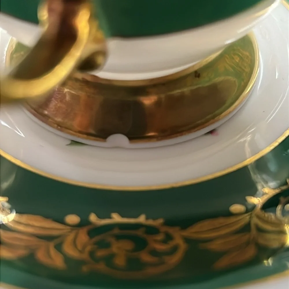 EB Foley footed Green and Gold with Fruits bone china Tea cup matching Saucer